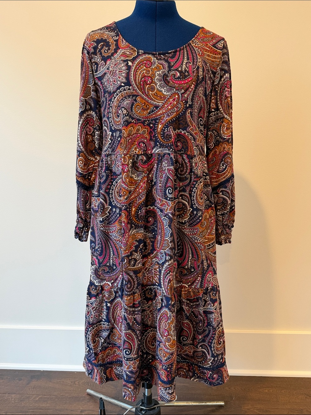 Long Sleeve Navy Paisley Tiered Midi Dress